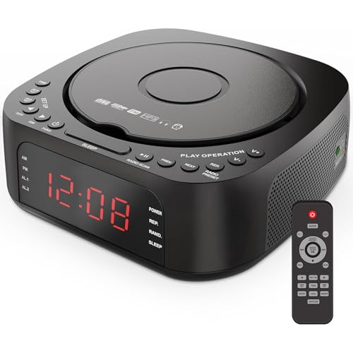 Radio Réveil Lecteur CD avec Télécommande, CD/MP3, Bluetooth, Radio FM avec Haut-parleurs, Chargeur USB, Écran LED Réglable, Double Alarme, Son en Option,...