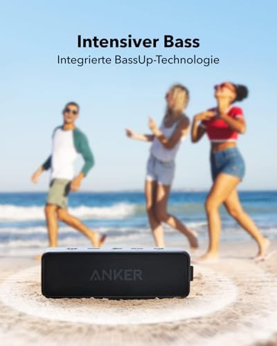 Bild 2 - Anker SoundCore 2 Bluetooth Lautsprecher, Fantastischer Sound, Enormer Bass mit Dualen Bass-Treibern, 24h Akku, Verbesserter IPX7 Wasserschutz, Kabelloser Lautsprecher für iPhone, galaxy usw.(Schwarz)