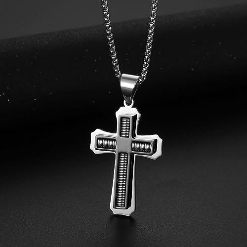 Men's Stainless Steel Large Jesus Christ Cross Pendant Necklace With Byzantine Chain 22 24 26 inch,Black/Gold/Silver4