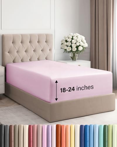 Image of Extra Deep Twin Fitted Sheet - Single Fitted Sheet Only - Light Pink | Easily Fits 18 inch to 24 inch Mattress, Soft, Wrinkle Free, Breathable & Comfy, Extra Deep Pockets Hotel Luxury Fitted Sheet