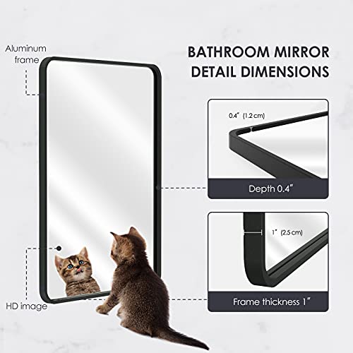 Ftmir 20 X 28 Inch Black Rectangle Mirror Bathroom Rectangular Wall Mounted Mirror With Premium Aluminum Matte Rounded Corner Frame(Horizontal Or Vertical Suspension) #TOP2