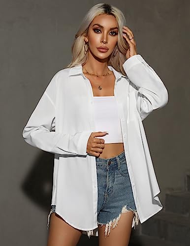 HOTOUCH Women Oversized Button Down Shirts Office Drop Shoulder Blouse Long Sleeve Boyfriend Dress Shirt with Pockets3