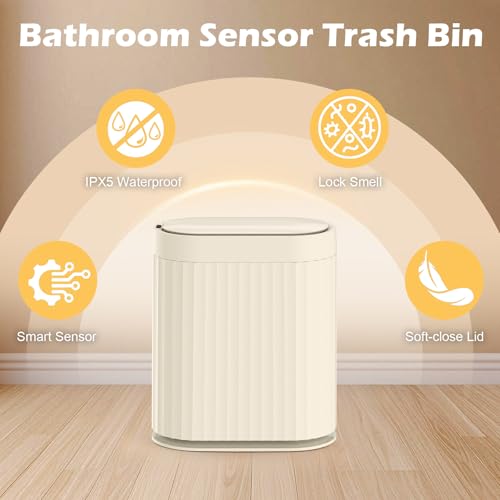 Image of ELPHECO 2 Gallon Sensor Trash Can - IPX5 Waterproof Motion Sensor Trash Can, Automatic Bathroom Trash Bin, Slim Garbage Can for Bathroom, Office, Bedroom, Living Room, Beige