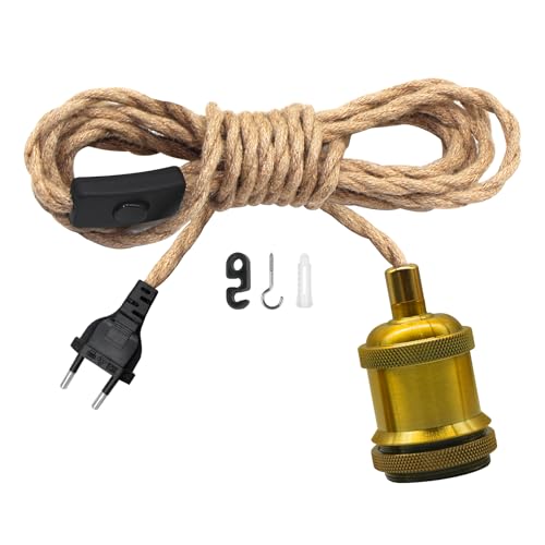 510CM Kit de Lámpara Colgante de Cuerda de Cáñamo, Latón Antiguo Metal E26 E27 Portalámparas Colgante, Cáñamo Lámparas de Techo con Enchufe y Interruptor, DIY Candelabro Colgante Lámpara