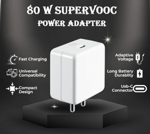 Image of 80W SUPERVOOC Fast Charger with Type-C Cable | 80W USB Charger for OnePlus, Realme, Oppo, Redmi, Xiaomi, Poco, iQOO, Samsung & More | Supports Dart, Dash, Warp, Vooc, SuperVooc, QC 3.0 Charge (Combo)