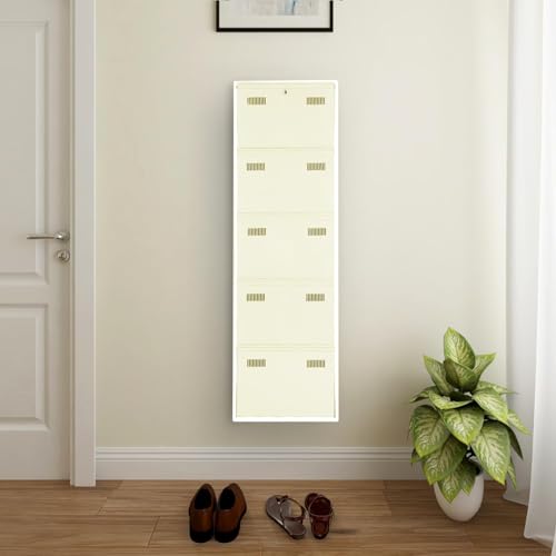 Image of Metal Shoe Rack Wall Mounted for Home with Central Locking | 5 Door 20 inch Wall Mounted Metal 10 Pair Shoe Rack Cabinet | Pre-Assembled Rack Shelves | 3 Year Warranty (Ivory)