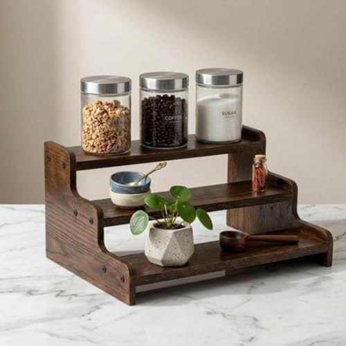 Image of 3 Tier Wooden Kitchen Organizer Rack for Countertop | Wooden Spice Rack Stand for Kitchen Counter | Kitchen Shelf Organizer & Cabinet Shelf Riser | Decorative Masala Rack Storage Stand | Dark Brown