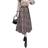 [J-Scott] [ジェイスコット] アシンメトリー フレアスカート ミモレ丈 グレンチェック柄 ハイウエスト ツイード ベルト付き ブラウン JS23-BR-L