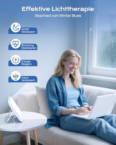 Tageslichtlampe, Tageslichtlampe 10000 Lux UV-Frei Sonnenlicht Lampe für Depressionen, lichttherapielampe mit Memory Funktion, 4 Timer, Touch-Steuerung, Stufenlose Helligkeit, Faltbar Halterung