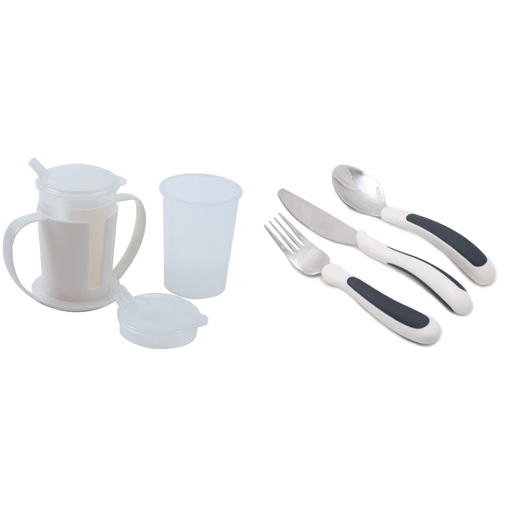 NRS Healthcare Beakers with Lids Plus Two Handled Holder Set & M80270 Kura Care Adult Cutlery Set, Easy Grip Set, Black & White