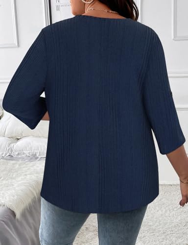 Image of Koscacy Women Plus Size V Neck 3 /4 Roll Sleeve Sweater Casual Knit Tops Solid Color Blouses