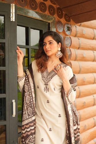 Image of Women Embroidered Cotton Kurta Pant Ensemble with Premium Dupatta Festive Ethnic Apparel Set