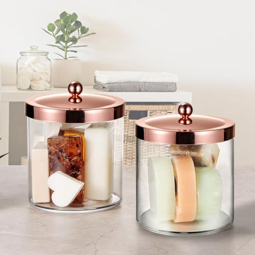 2 Pack SheeChung 50oz Large Apothecary Jar with Rose Gold Rust-Proof Lid - Shatterproof Plastic Laundry Pods Container - Chic Rose Gold Bathroom & Vanity Storage Organizer for Scent Beads, Salts