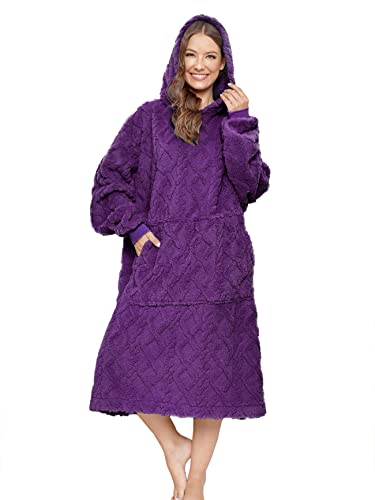 ililmmoe Sherpa tragbare Decke Übergroße Hoodie Sweatshirt TV Decke mit Langen Ärmeln und Tasche, Jacquard Tiefviolett – Ansicht 1