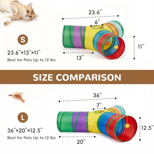 Image of Tempcore Cat Tunnel, 3-Way Collapsible Toy, Large Size Rainbow | Large Size 3-Way Cat Tunnel Provides More Room for Cats to Run, Hide and Chase, with Peek Holes, Hanging Ball and Teaser Wand