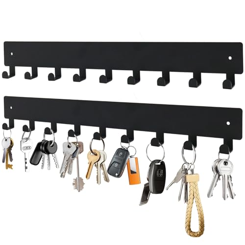 Ekunivers Key Holder Wall Mounted with 9 Hooks, Metal Key Organizer Rack, Black Key Hanger for Entryway, Kitchen, Living Room, Office, Doorway Decor (2 Pack, 14 Inches)