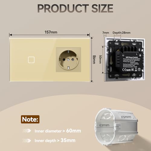 BSEED Smart Touch Lichtschalter,Glas Schalter Unterputz,Wandlichtschalter mit LED Hintergrundbeleuchtung,Neu E-Serie,16A 250V,1 Fach 1 Weg + 1 Steckdose,157mm Gold