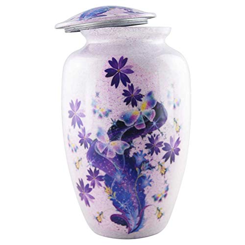 M MEILINXU Funeral Urns for Adults Ashes, Cremation Urn for Human Ashes Adults - Memorials Urns for Ashes - Display Burial Urn at Home or in Niche at Columbarium (Purple Tulip, Aluminum Large Urn