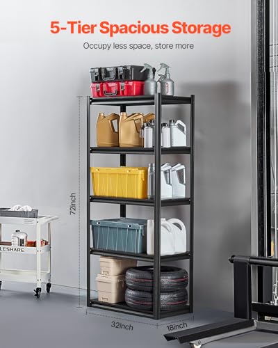 Image of VEVOR Storage Shelves, 2000 lbs, 5 Tier Garage Storage Shelving, 18 inch D x 32 inch W x 72 inch H Adjustable Metal Shelves for Garage Shelves Utility Rack Shelf, Ideal for Kitchen, Warehouse, Basement, Black