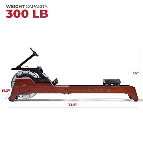Image of Sunny Health & Fitness Premium Water Rower w /Intensive Dynamic Real-Time Resistance, 300 LB Capacity Flip-able Rowing Machine for Home Training, Optional Free SunnyFit App Connection