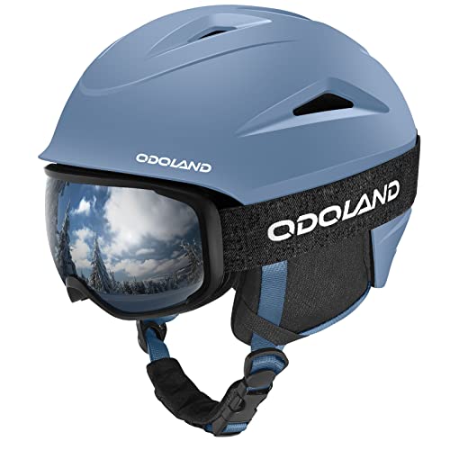 Odoland Casque de Ski, Casque de Neige avec Lunettes, Casque Antichoc, Coupe-Vent, de Sécurité pour Sports de Neige et Lunettes de Protection pour Hommes, Femmes et Jeunes(Bleu, S)