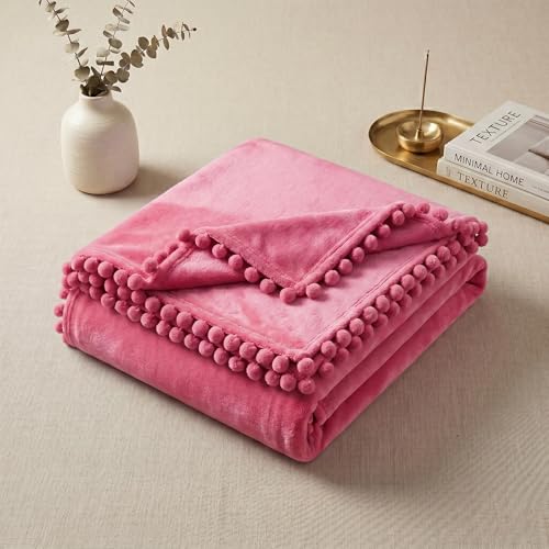 Image of VAS COLLECTIONS Premium Plush Fleece Blanket 250 GSM | Ultra Soft Lightweight Cozy Throw with Pom-Pom Trim | Multipurpose for Bed, Sofa, Couch, Travel & Camping | 228x228 cm (90x90 Inches), Pink