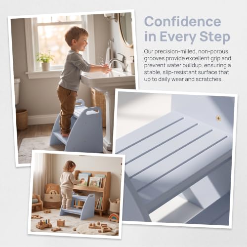 Image of Bamboo 2 Step Stool 300lbs Capacity, Grey Two Step Stool with Non-Slip Handles, Heavy Duty Stepping Stool for Bedside High Beds Adults, Sturdy Small Bathroom Kitchen Wooden Step Stool