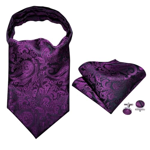 Image of Barry.Wang Ascot Ties Cravat Tie Men Paisley Plaid Scarf Self Tie Pocket Square Cufflinks Set Wedding Party