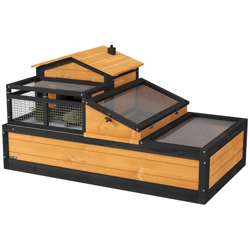 PawHut Cage pour tortue en bois à deux niveaux avec dessus rabattable, balcon, cage d'extérieur pour petits animaux, 112 x 65 x 60 cm, jaune