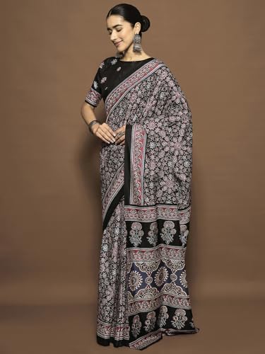 Image of AKHILAM Women's Soft Dola Silk Ajrak Printed Ready To Wear one Minute Saree With Unstitched Blouse Piece