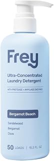 FREY Concentrated Liquid Laundry Detergent | Formulated for Sensitive Skin & HE Washers | Removes Stains Effectively | 50 Loads per Bottle (1-pack Bergamot Beach)