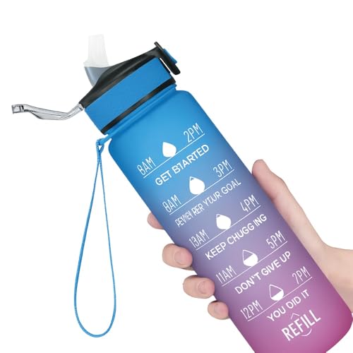 Red Dot Gift 1-Pack [1000 ML] Drinking Water Bottle with Times to Drink Rubber Cap and Straw Leakproof BPA & Toxic Free (Sky Blue Gradient 1 Liters)