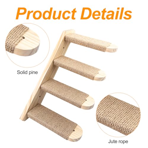 Lectorias Katzentreppe 4 Stufen, Katzenleiter mit Juteseil, Katzentreppe Wand, Katzenbretter für die Wand, Katzen Treppe, Katzentreppe Kletterwand Katze für Katze Klettern Spielen(Kann 20 kg Tragen)