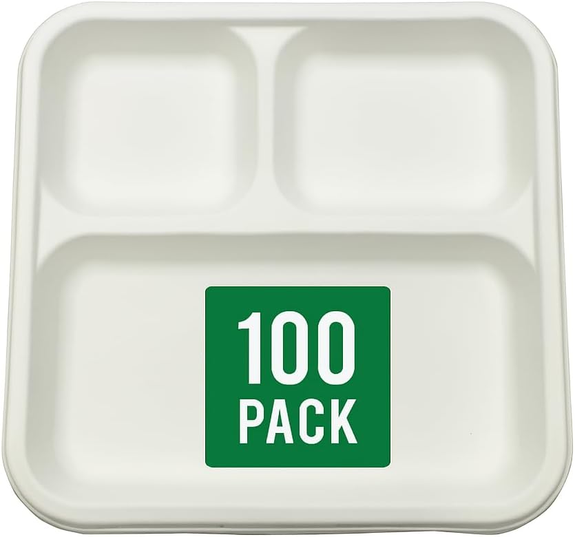 3 Coment [100 Pack] Square Disposable Trays – Biodegradable & Compostable, Paper Plates for Meals, Catering, Appetizer, Lunch & Dinner. Microwave & Freezer Safe