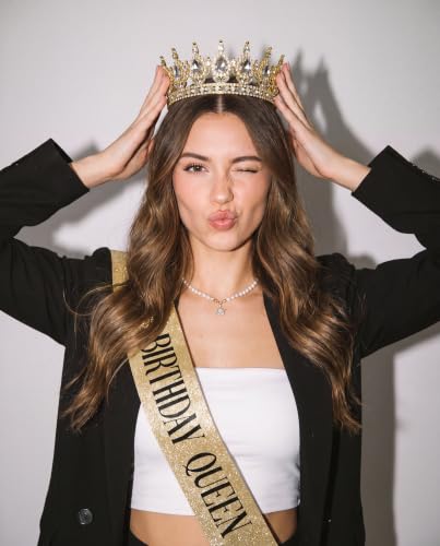 Image of Fesciory Birthday Crown for Women, Gold Plated Crystal Tiara with Sash