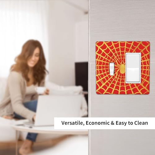 Decorative Outlet Covers Red Background with Golden Spiderweb Spider 2 Gang Outlet Cover Wall Plate Single Toggle Rocker Light Switch Cover Plate Switch Plate Covers for Home Decor