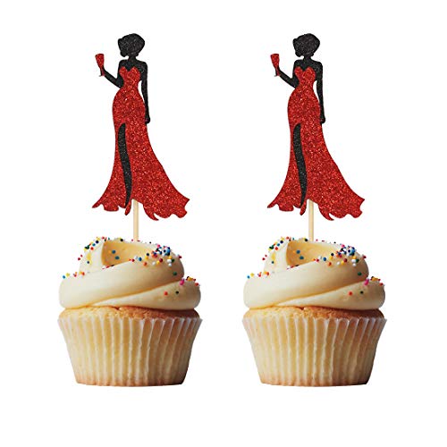Morndew 24 PCS Bachelorette Cupcake Toppers Red Glitter Lady with Black Skin Cupcake Picks for Bachelor Birthday Party Supplies