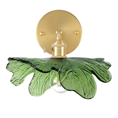 Image of Vanity Lights for Bathroom Mid Century Modern Wall Sconce Light Fixture Green Flower Glass Shade 90 Degree Adjustable Gold Sconce Hardwired Vintage Wall Lighting for Over Mirror Bath