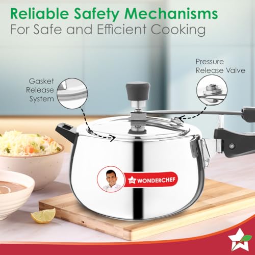 Image of Wonderchef Nigella Triply Stainless Steel Pressure Cooker 5L, Inner Lid, Gas, Induction Compatible & Ceramic Cooktop, ISI Certified, Contour Collection, Uniform Heating, 5-Year Warranty