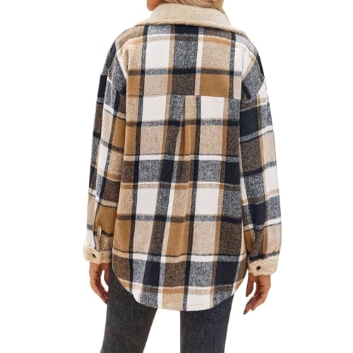 Cdiecer Shackets for Women Lapel Plaid Jacket Button Down Flannel Jacket Long Sleeve Sherpa Jackets Fall Winter Coat3