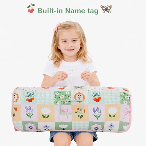 Image of Viviland Toddler Nap Mat, Rolled Sleeping Mats with Pillow and Minky Dot Blanket for Girls, Kids Slumber Bag Nap Mat for Preschool, Daycare, Kindergarten, Travel Camping - Patchwork Flower