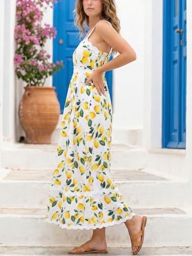 Image of Women's Classy Sleeveless Lemon Print Maxi RIC Rac Dress