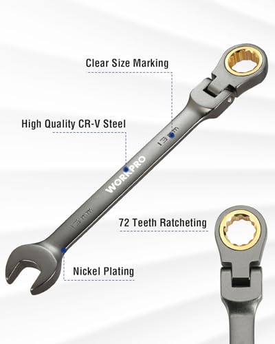 Image of WORKPRO 13 mm Flex-Head Ratcheting Combination Wrench, Nickel Plating | Cr-V Constructed, 72-Teeth, 12 Point Design, Metric, For Home Improvement, Auto Repairs, Plumbing, Constructions, Machinery