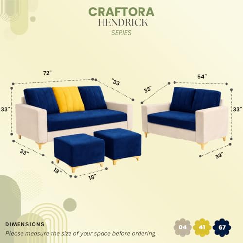 Image of Hakuna Dual Tone Plush Velvet 3 Seater + 2 Seater Sofa Set with 2 Ottoman | Silken Velvet Suede Upholstery | Designer Sofa for Living Room & Office Spaces (Dark Blue & Cream)