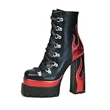 HiColor women’s red flames printing high-heeled thick-heeled round-headed lace-up boots side zipper shoes(Red US7)