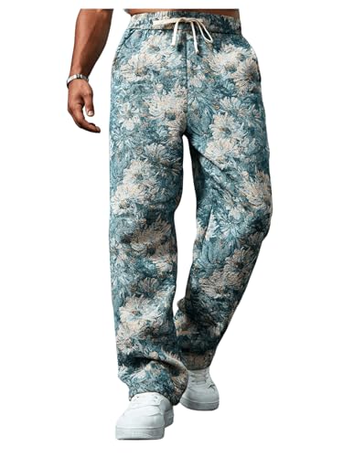 Men's Floral Jacquard Baggy Pants Retro Drawstring Waist Straight Leg Trousers with Pockets