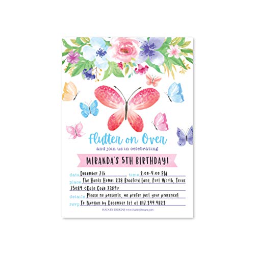 Image of Hadley Designs Kids Birthday Invitations Girl Butterfly Theme - 25 Butterfly Birthday Party Invitations For Girls, Flutter on Over Invites For Girls, Cute Party Supplies, Made in USA