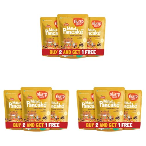 Image of Slurrp Farm No Maida Pancake Mix | Buy2Get1 Free | Instant Breakfast Mix Made with Oats and Jowar | 100% Vegetarian Eggless Healthy Breakfast for Kids & Adults | Banana Chocochip- Pack of 9 X 150g