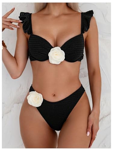 SHENHE Women's Push Up Swimsuit 3D Flower High Cut Ruffle Trim Textured Bikini Set3