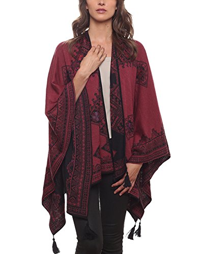 Invisible World Poncho Lana Donna di Baby Alpaca con Frange Mantella Elegante Donna Invernale Fatta a Mano Reversibile - Borgogna